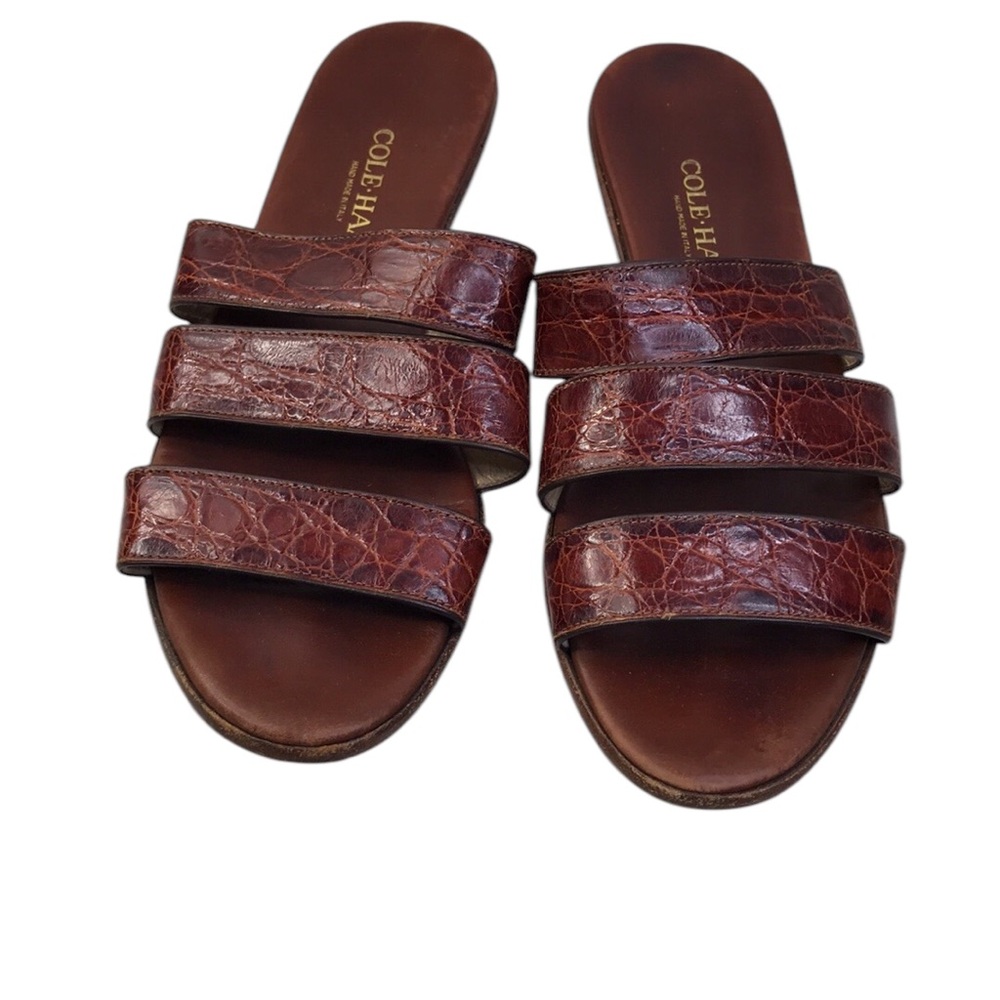 COLE HAAN BROWN LEATHER MOC CROC STRAPPY FLAT Sandals Slides WOMEN SZ 6.5B ITALY - Picture 2 of 16